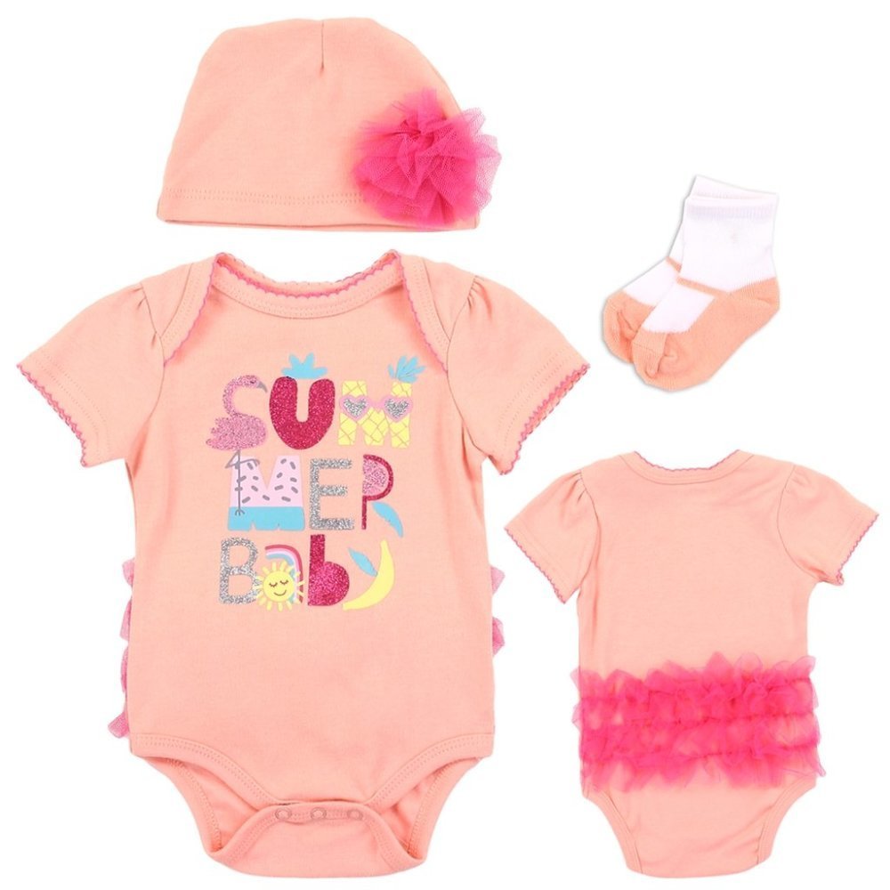 Emporio BABY Girls Newborn 3PC Layette Set-Peach and Pink Glitter Ruffle on Butt